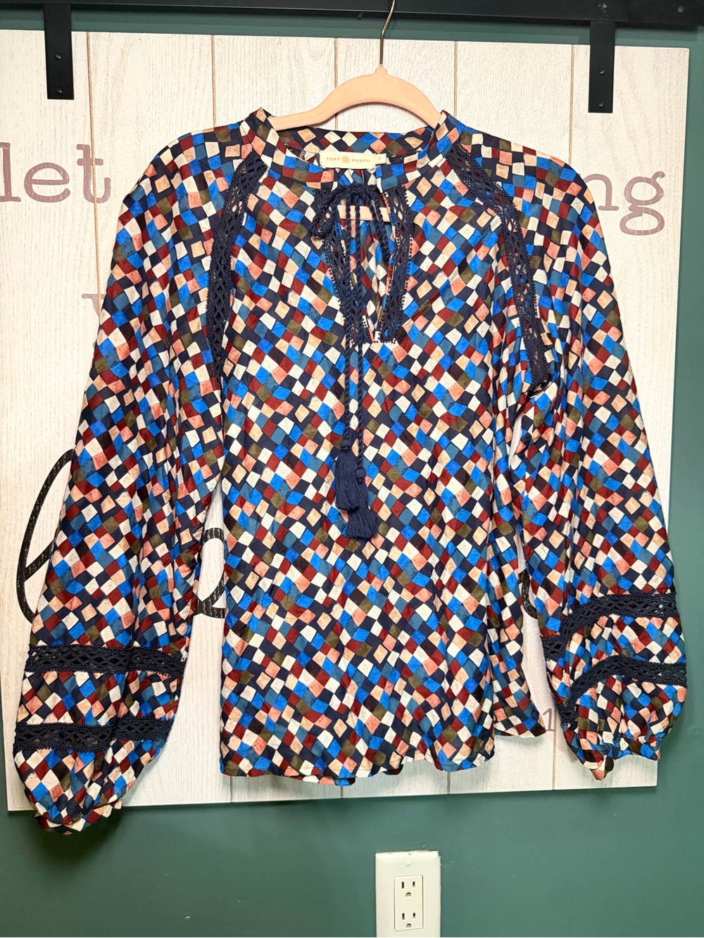 Tory Burch Navy Multi Geometric Tassel Peasant Top